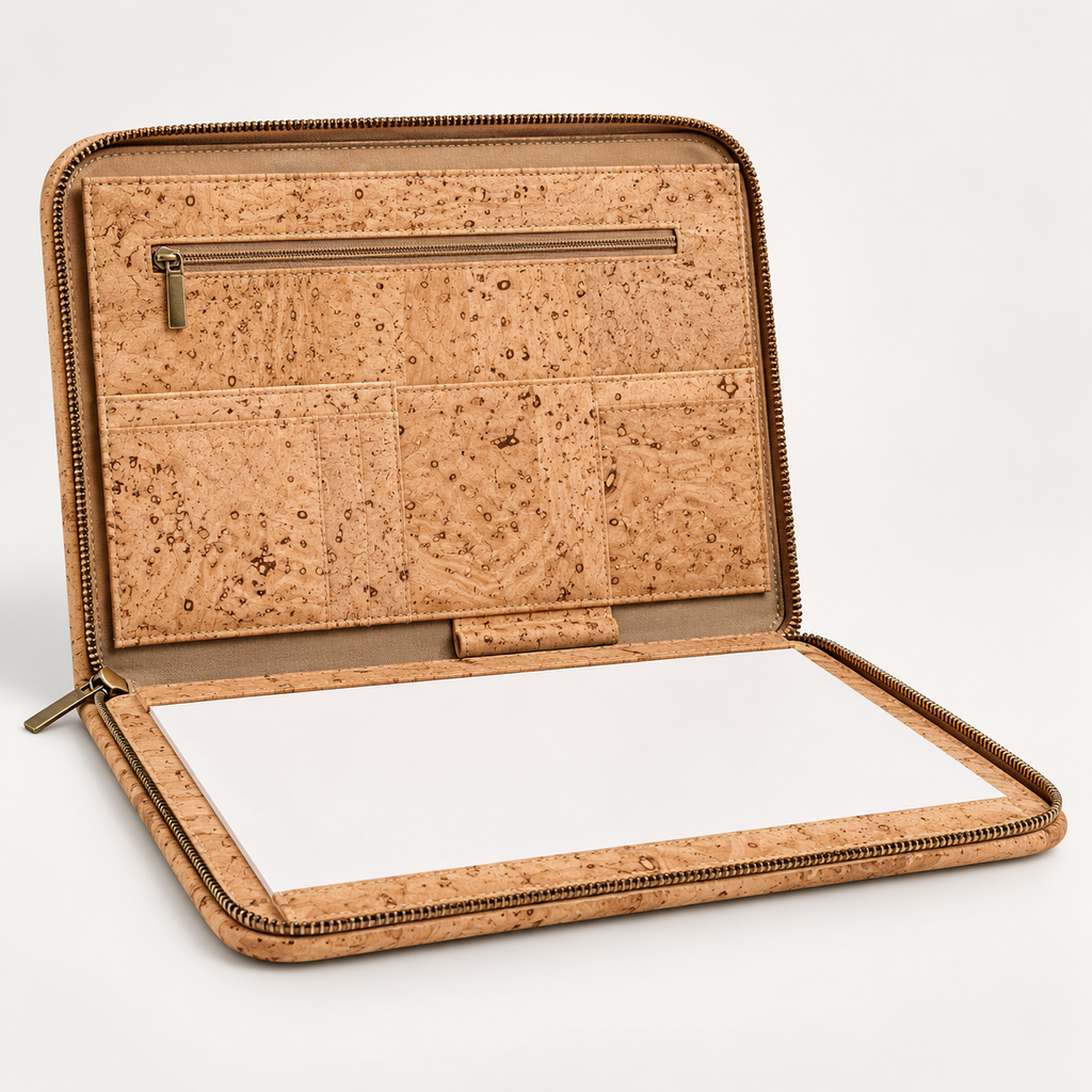 Open natural cork business portfolio with zip-around closure and an interior zipped pocket, shown on a neutral background.