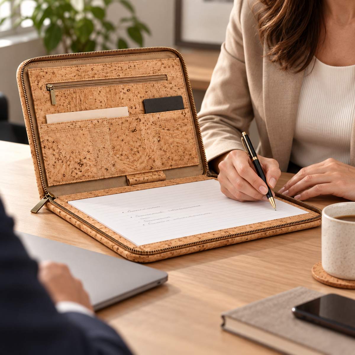 Natural cork business portfolio open on a meeting table while a person takes notes.