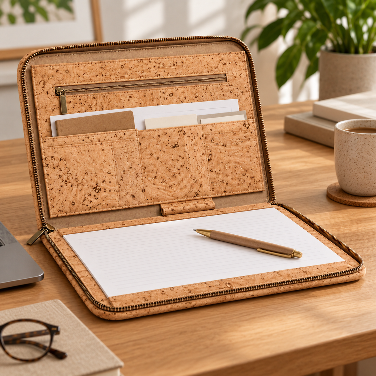 Open natural cork business portfolio with papers and a pen arranged on an office desk.
