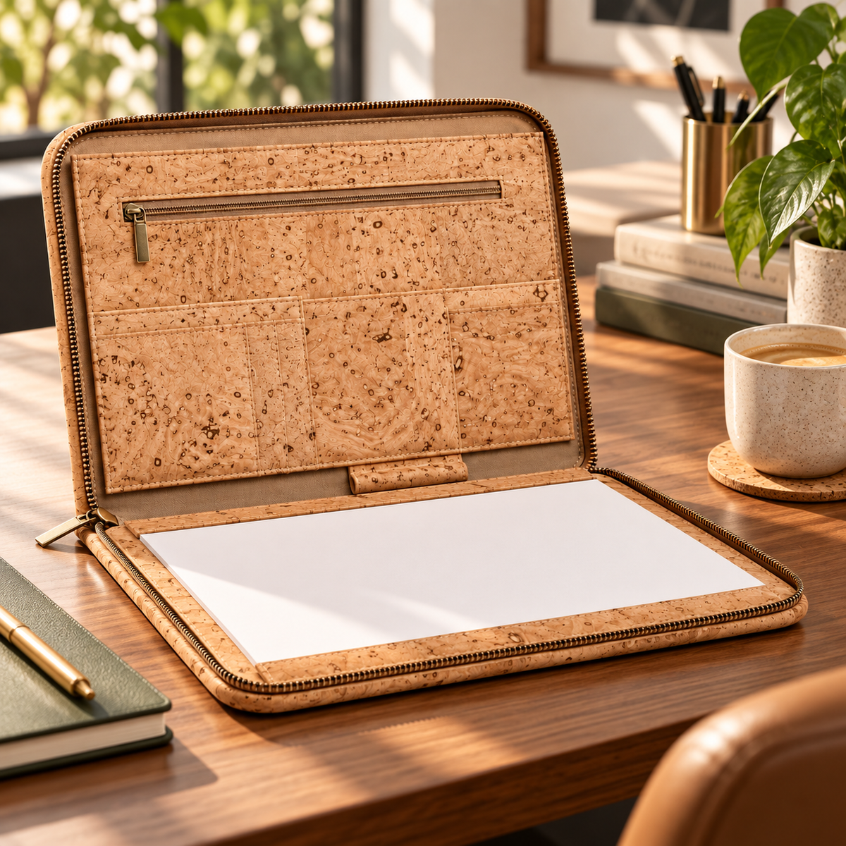 Natural cork business portfolio displayed on a sunlit wooden desk in a home office.