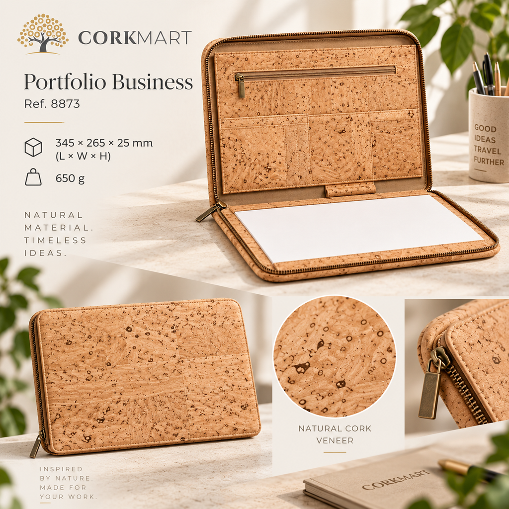 CorkMart editorial collage showing the natural cork business portfolio, cork texture, zip detail and product dimensions.