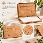 CorkMart editorial collage showing the natural cork business portfolio, cork texture, zip detail and product dimensions.