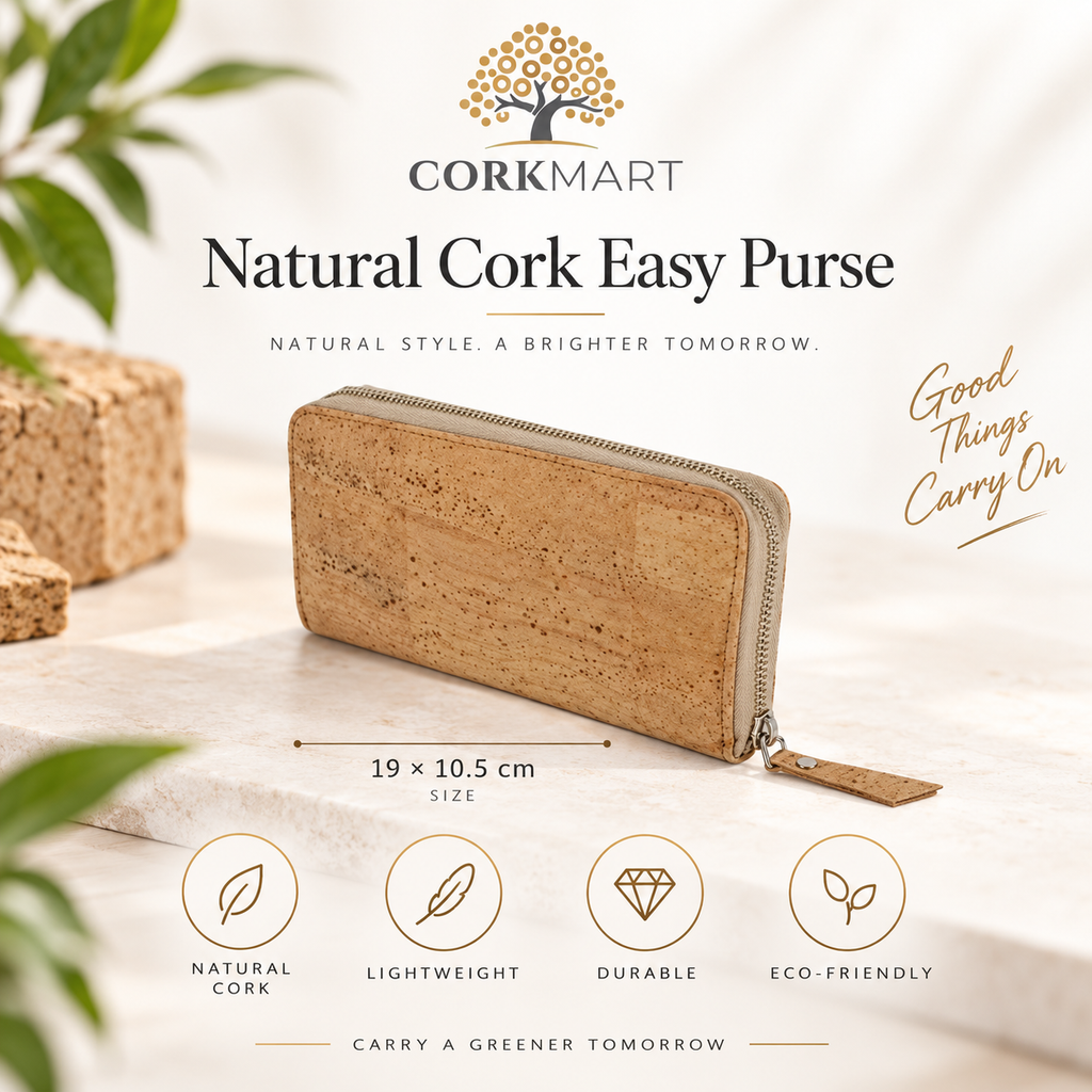 Natural Cork Easy Purse infographic with official CorkMart logo, dimensions and product features