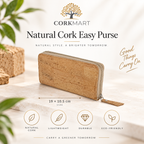 Natural Cork Easy Purse infographic with official CorkMart logo, dimensions and product features