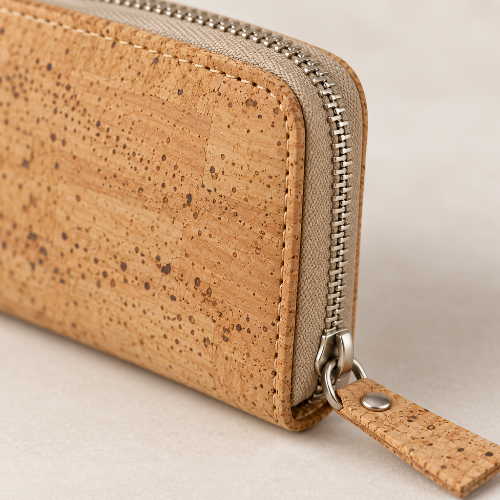 Natural Cork Easy Purse, natural cork texture, stitching and zipper detail