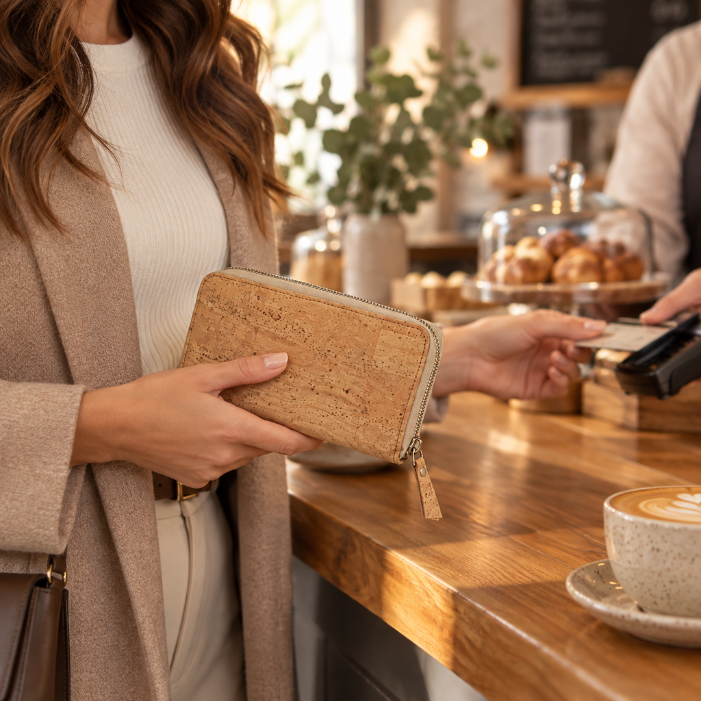 Natural Cork Easy Purse in real cafe payment use