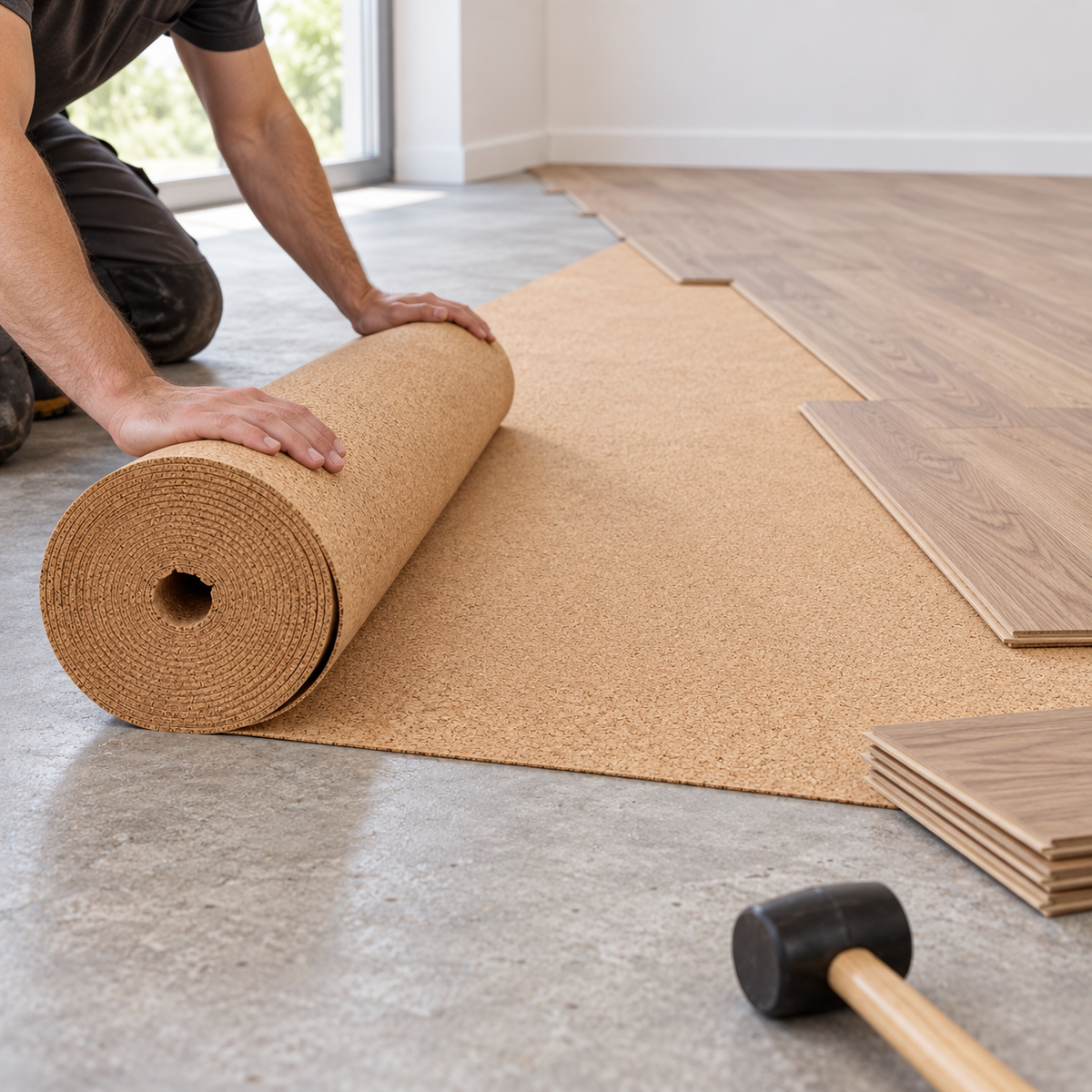 Natural Cork Flooring Underlay Roll being installed beneath wood flooring