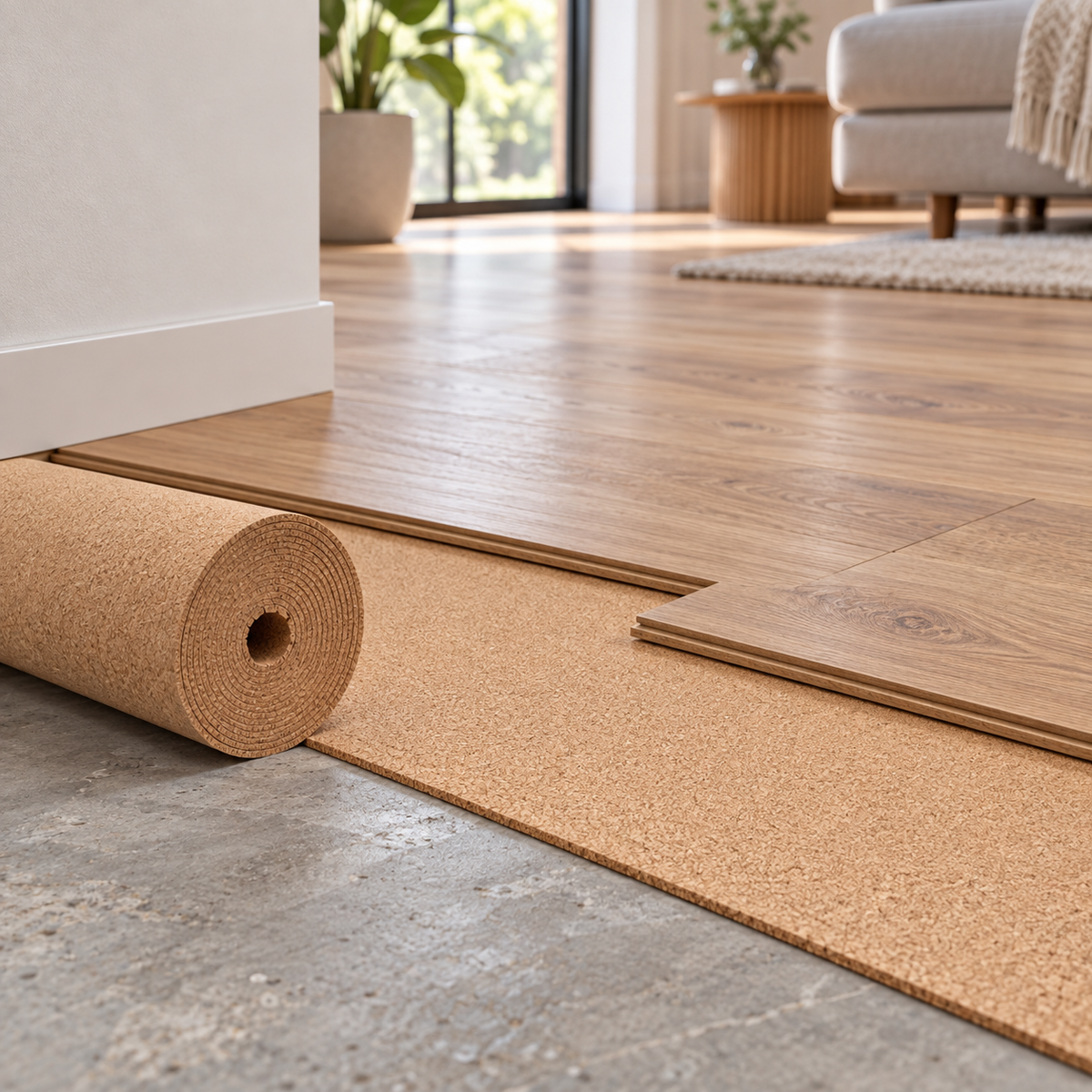 Natural cork flooring underlay visible beneath a finished wood floor