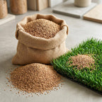 Natural cork granules beside synthetic grass for infill projects