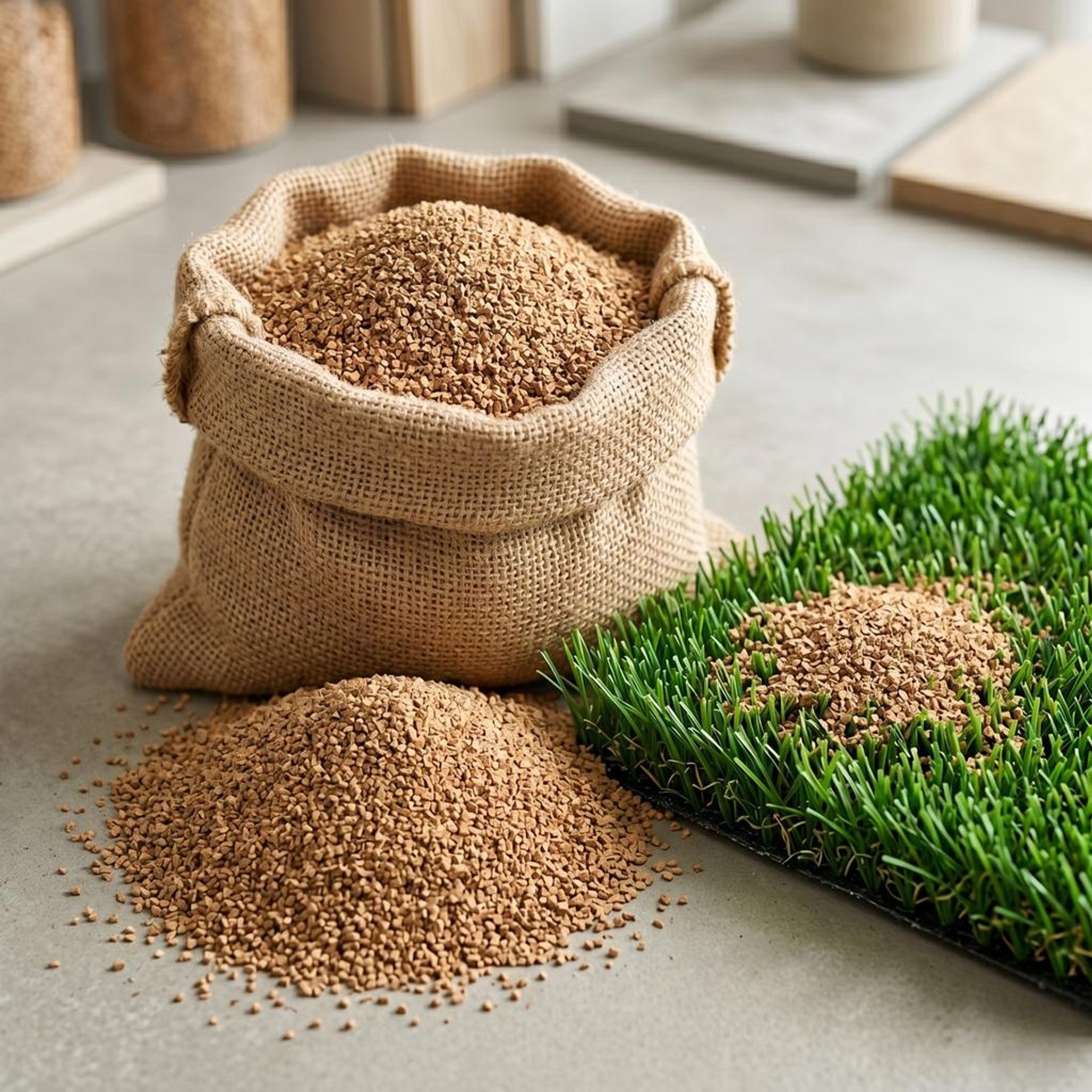 Natural cork granules beside synthetic grass for infill projects