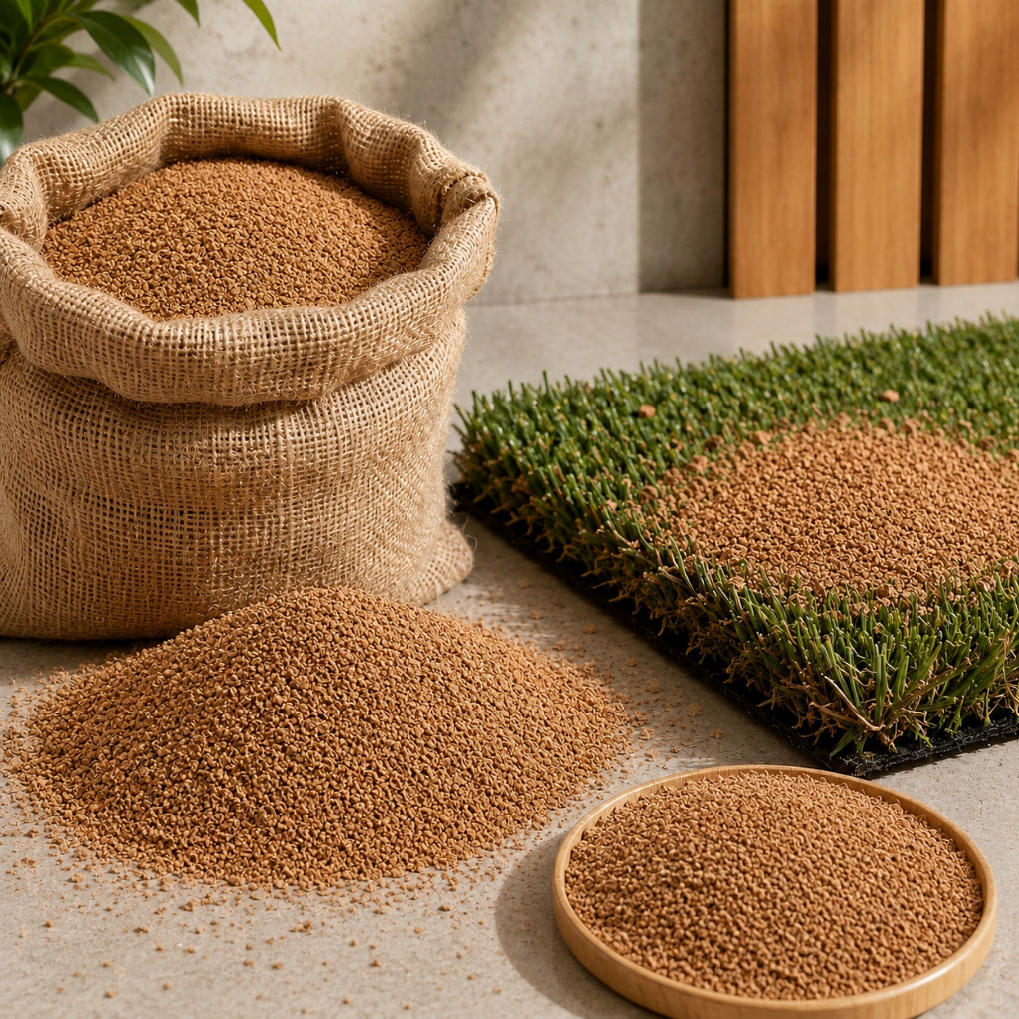 Natural cork granules in sack with synthetic grass sample