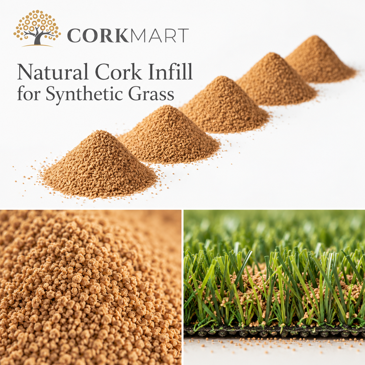 CorkMart editorial collage for Natural Cork Infill for Synthetic Grass