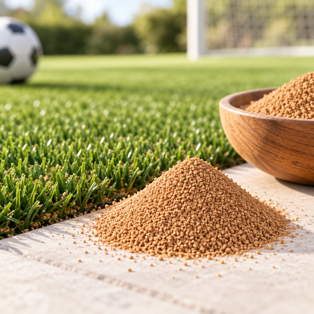Natural cork infill presented beside synthetic grass in a sports setting