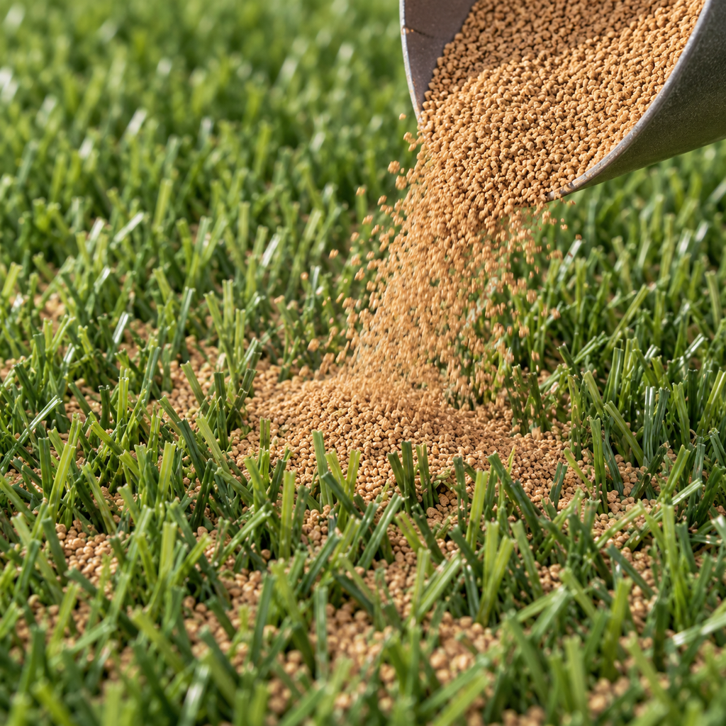 Natural cork infill being applied to synthetic grass