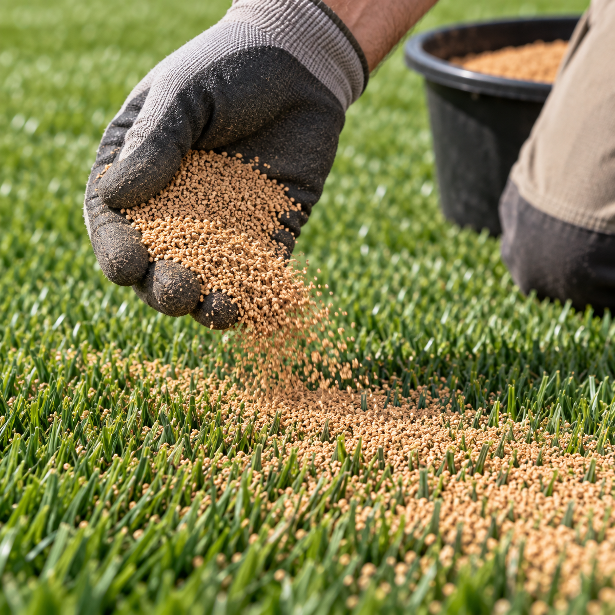 Natural cork infill distributed by hand across synthetic grass
