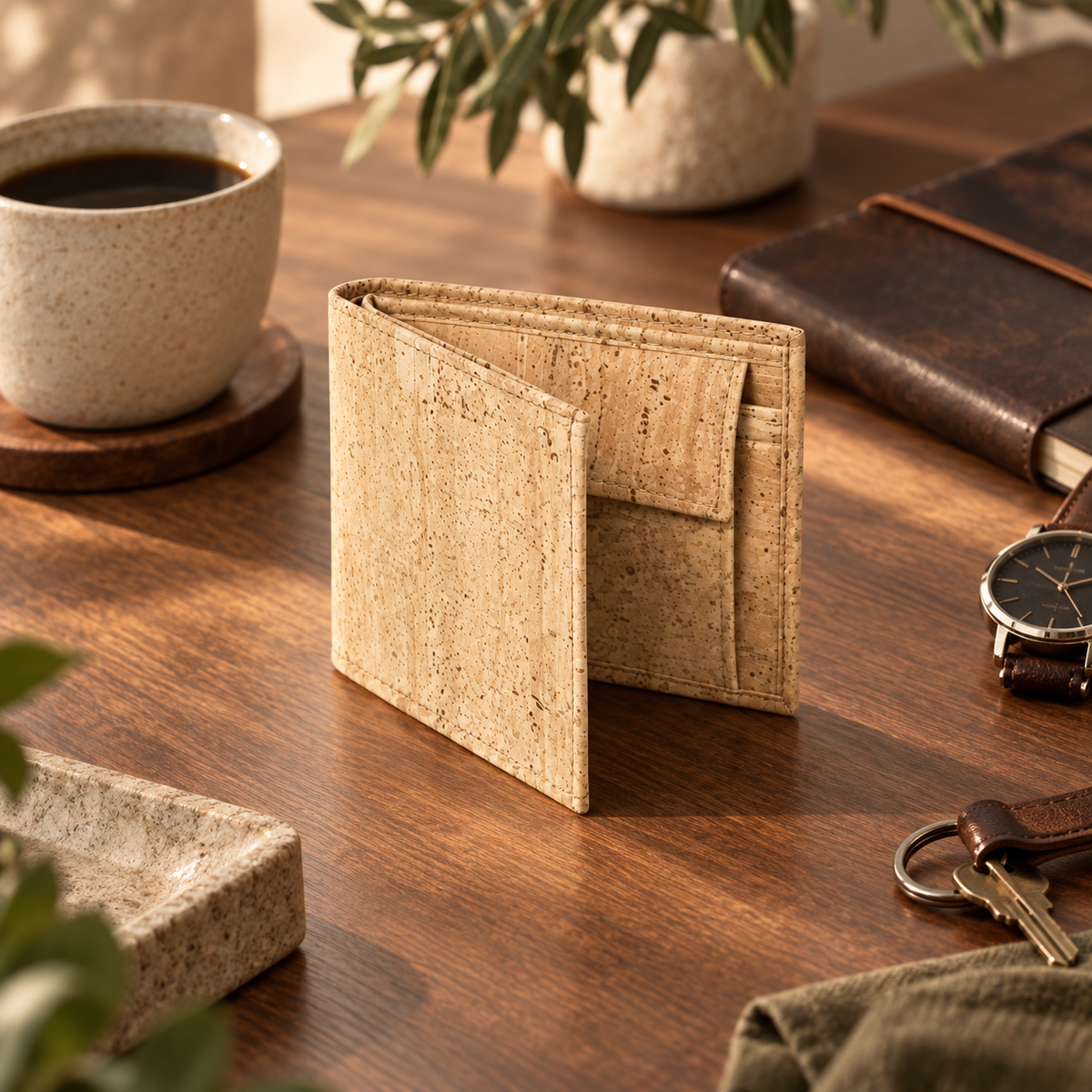 Natural Cork Men's Wallet in a premium everyday carry lifestyle setting