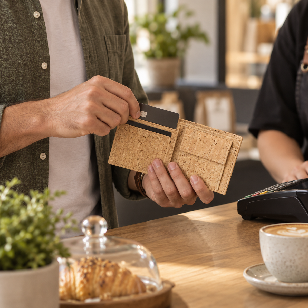 Natural Cork Men's Wallet in real cafe payment use