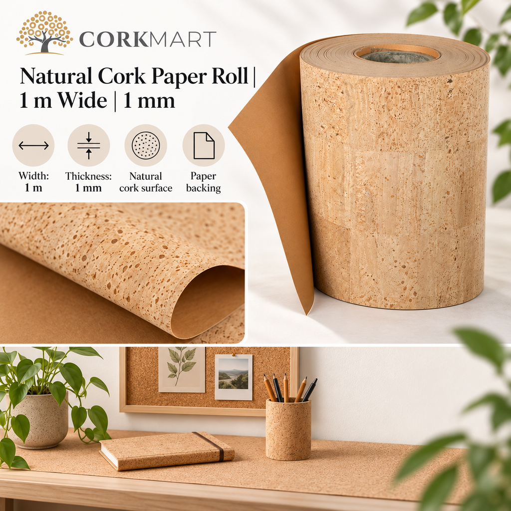Natural Cork Paper Roll editorial collage with CorkMart branding