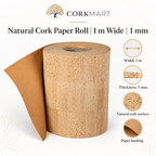 Natural Cork Paper Roll technical infographic with CorkMart branding