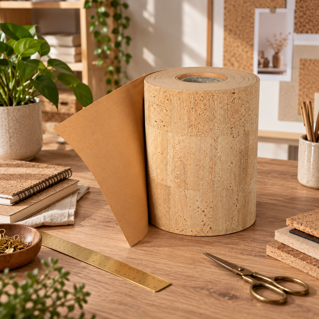 Natural Cork Paper Roll in a premium craft studio setting