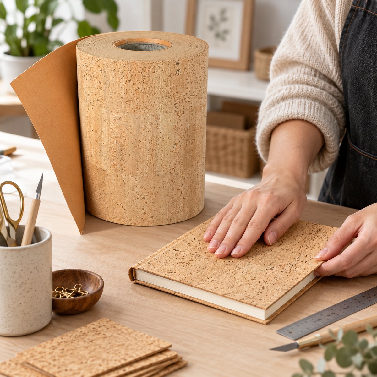 Natural Cork Paper Roll applied to a notebook cover in a craft setting