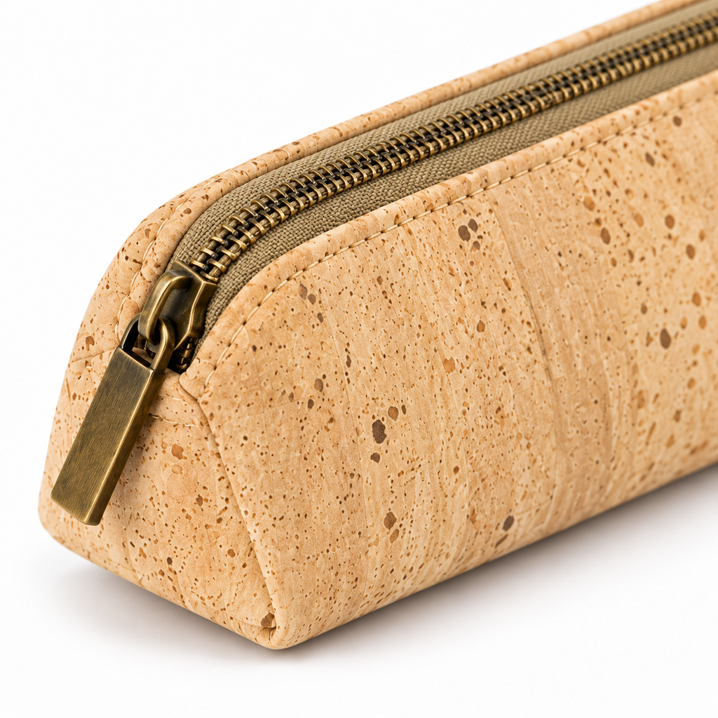 Natural Cork Pencil Case Ref. 8864 — macro detail of cork fabric, stitching and zip