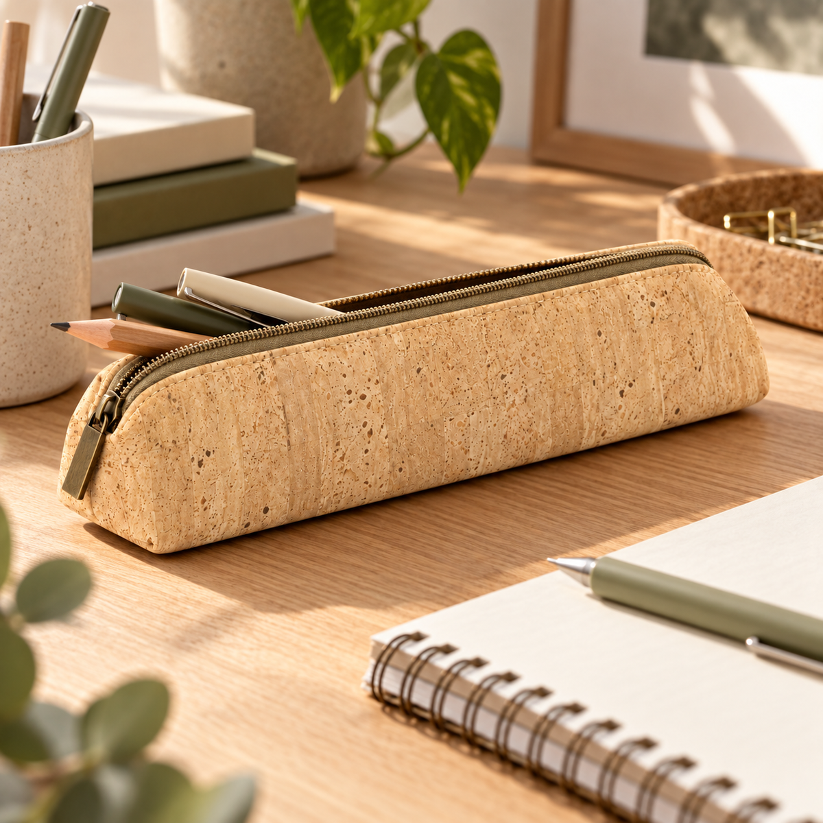 Natural Cork Pencil Case Ref. 8864 — open desk use with writing tools