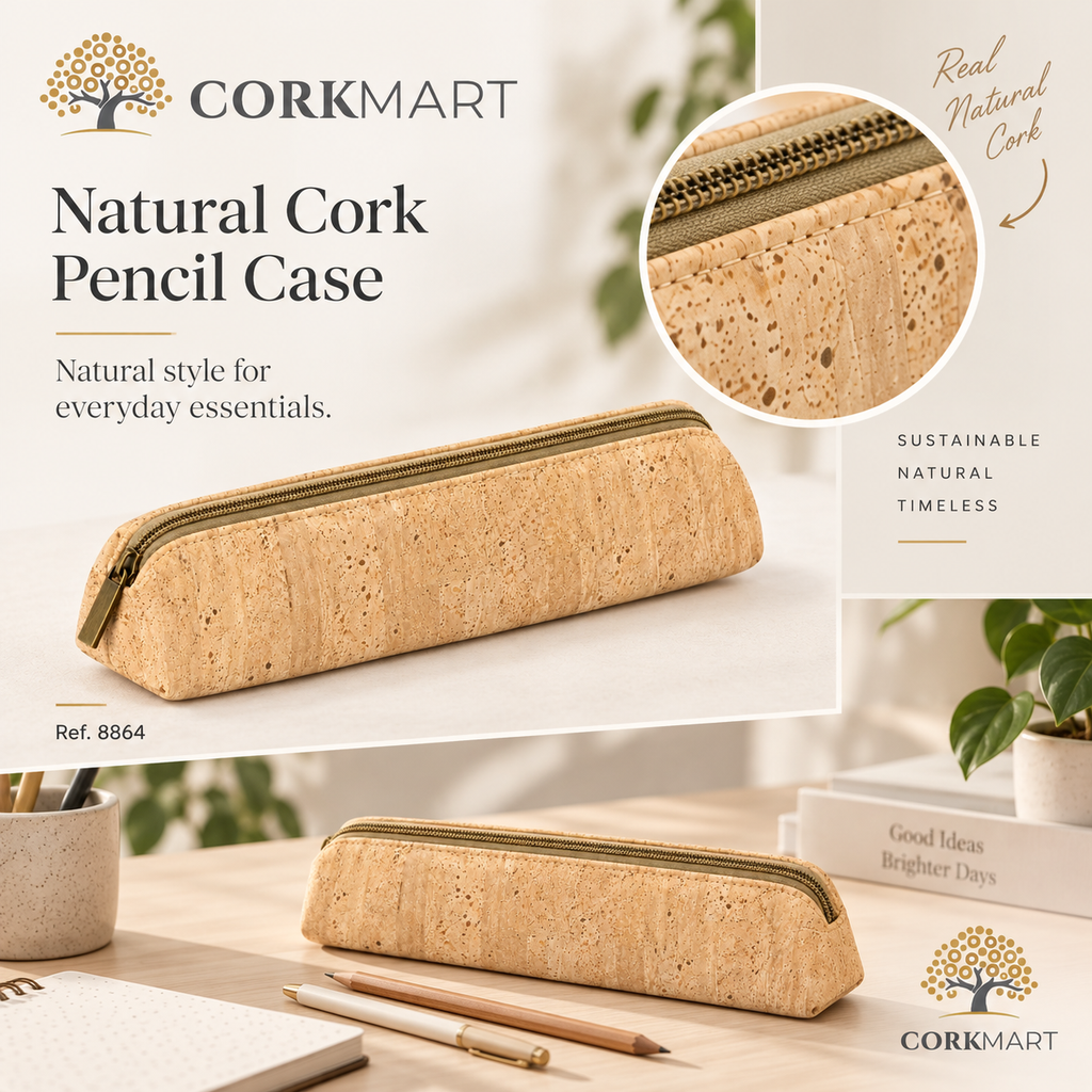 CorkMart editorial collage — Natural Cork Pencil Case Ref. 8864