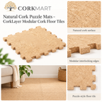 CorkMart editorial collage for Natural Cork Puzzle Mats – CorkLayer Modular Cork Floor Tiles