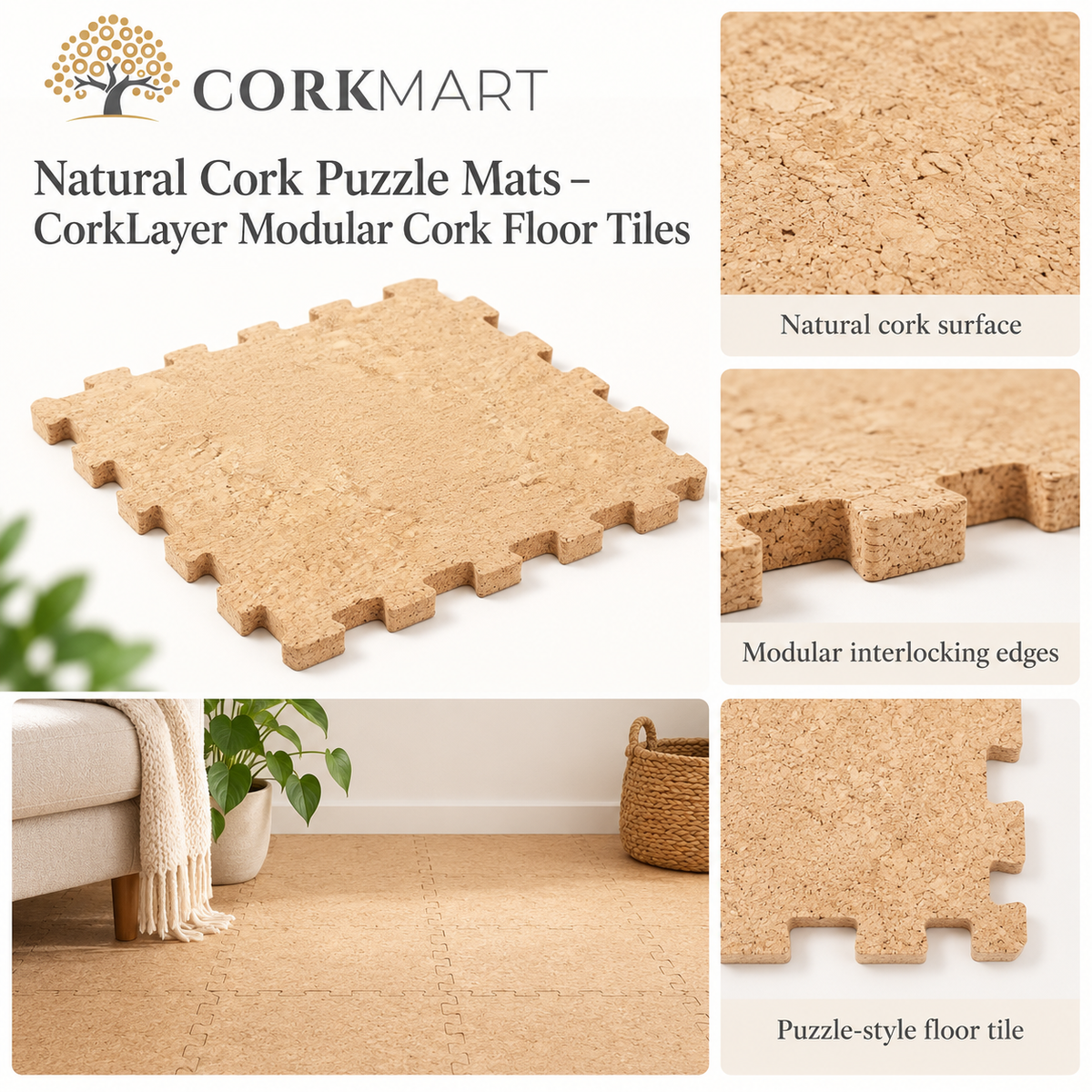 CorkMart editorial collage for Natural Cork Puzzle Mats – CorkLayer Modular Cork Floor Tiles