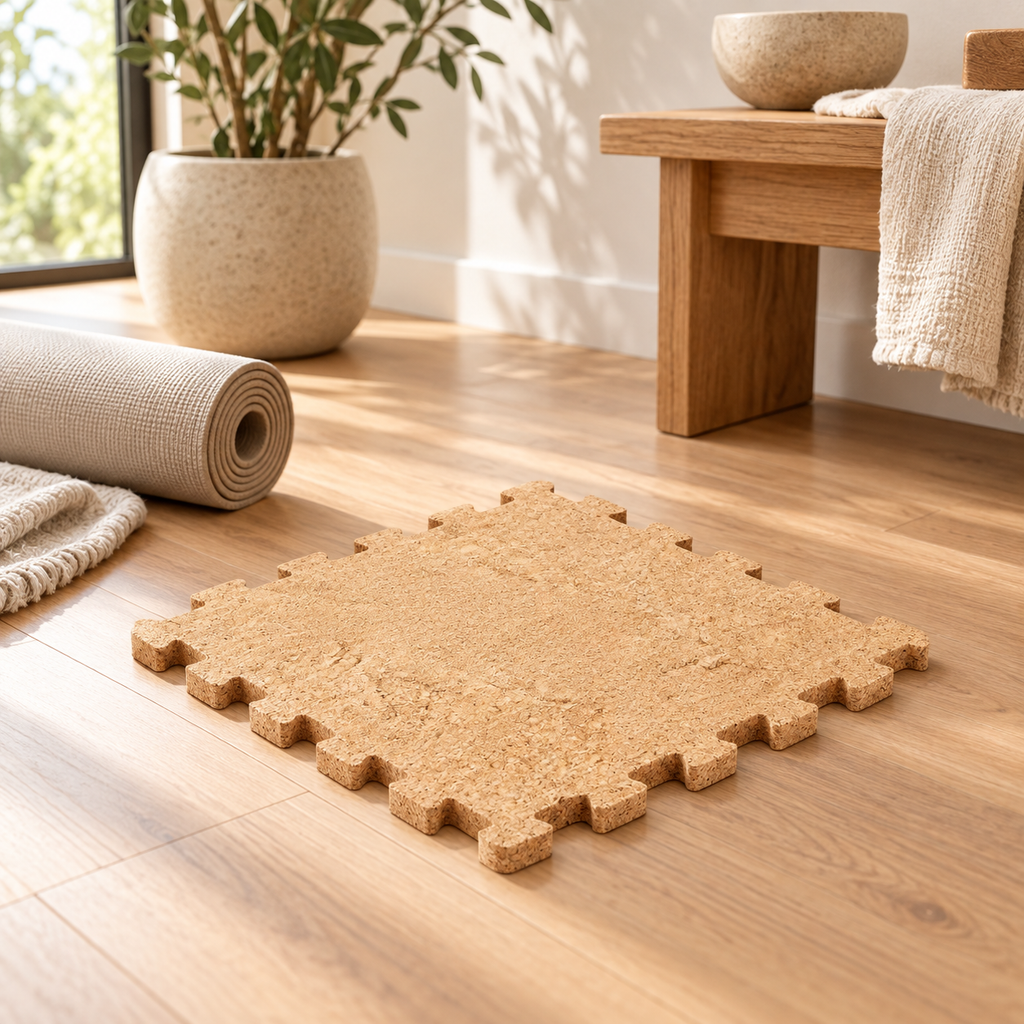 Natural Cork Puzzle Mat in a warm premium interior setting