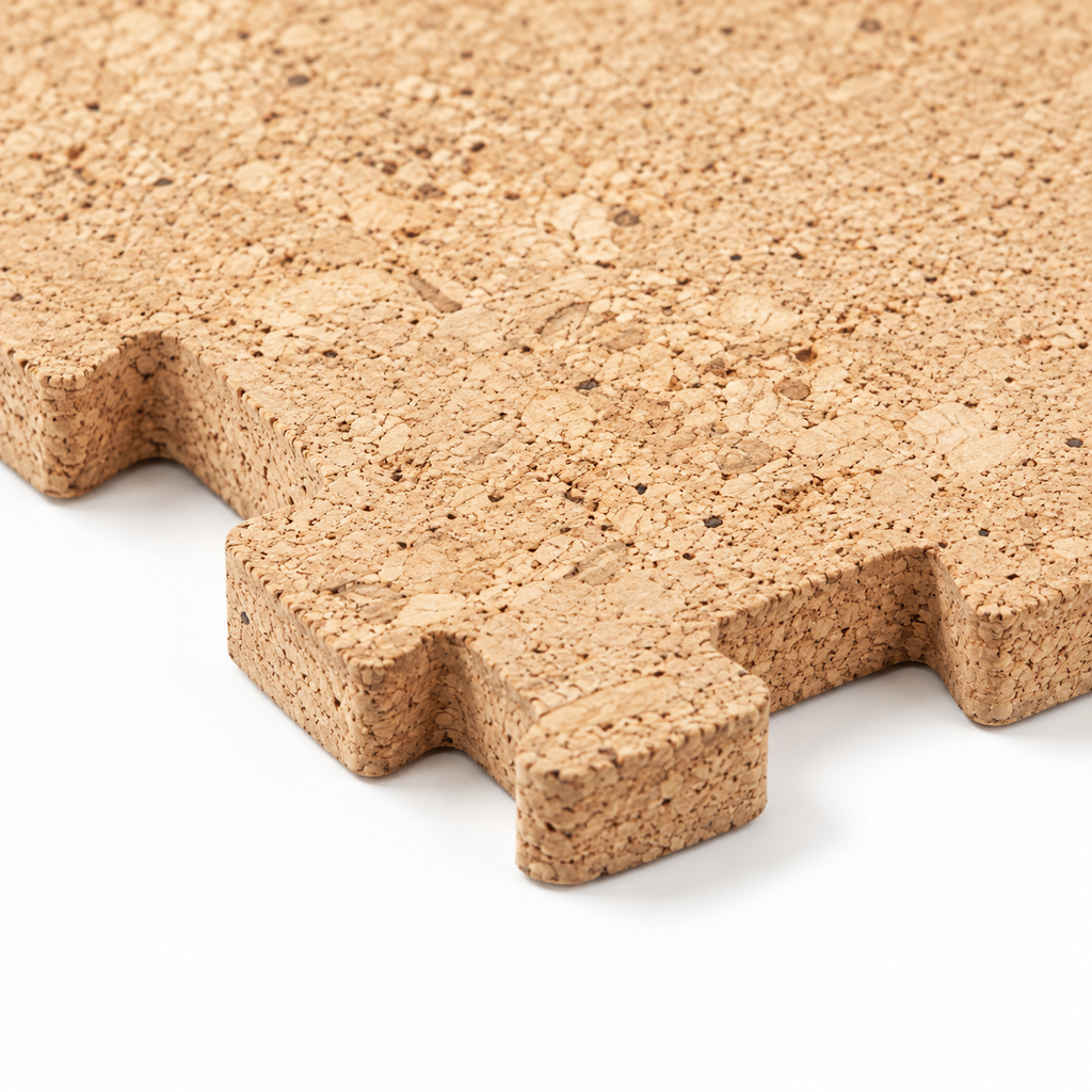 Natural Cork Puzzle Mats, macro cork texture and interlocking edge detail