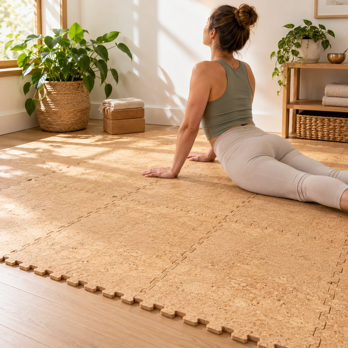 Natural Cork Puzzle Mats assembled as modular flooring in a yoga space