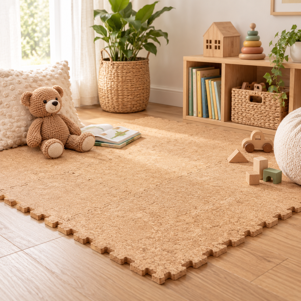 Natural Cork Puzzle Mats assembled as modular flooring in a child-friendly play space