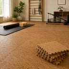 Natural cork puzzle floor mats in a wellness room with stacked tiles
