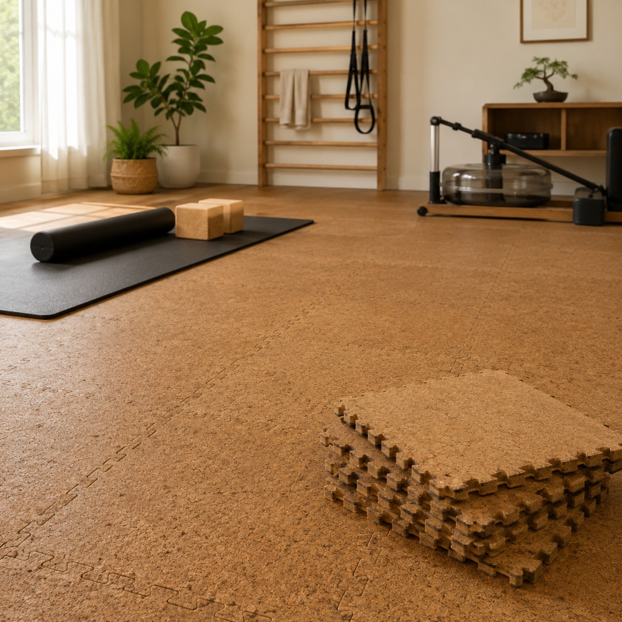 Natural cork puzzle floor mats in a wellness room with stacked tiles