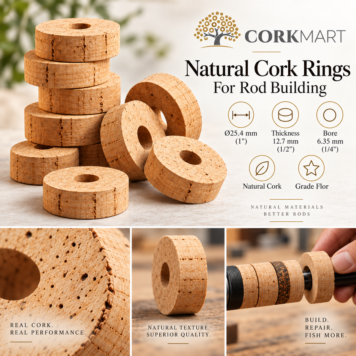 CorkMart premium collage for Ø25.4 mm natural cork rings for rod building