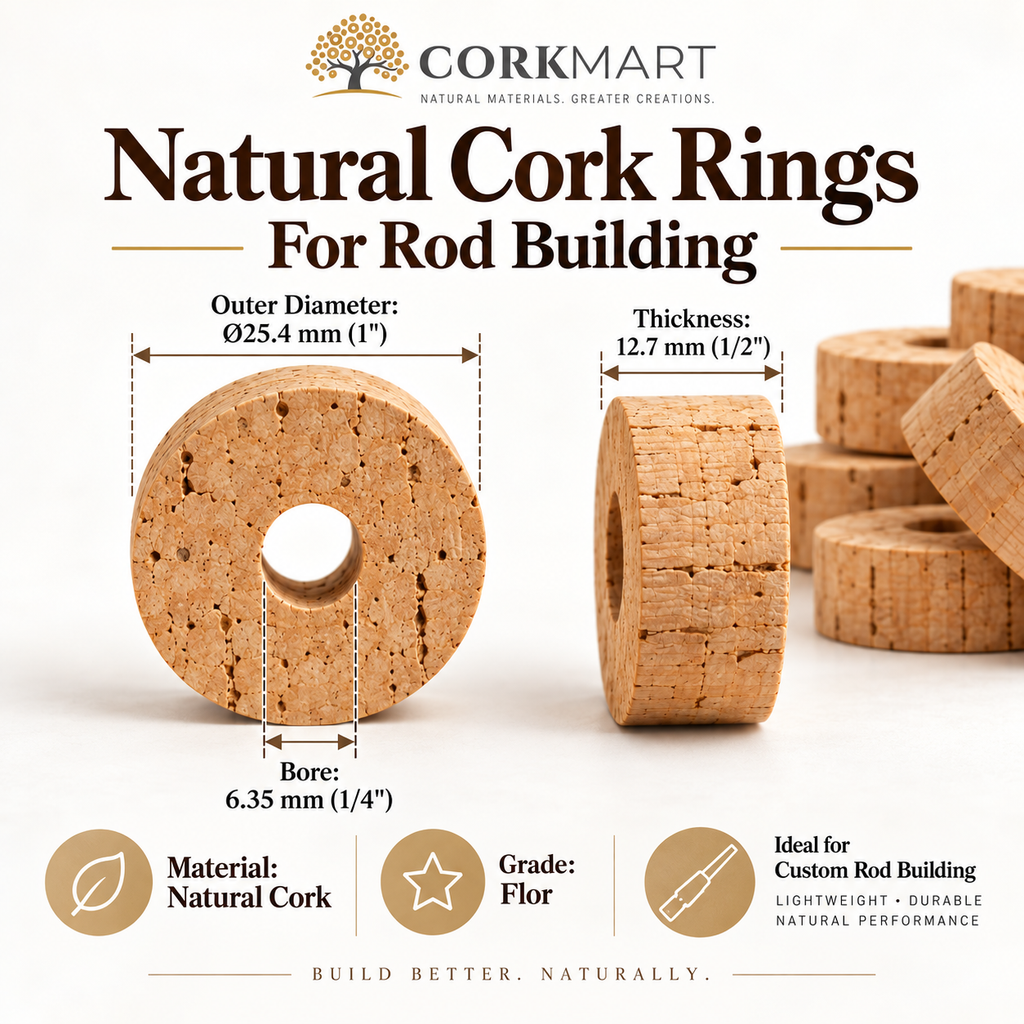 CorkMart infographic for natural cork rings Ø25.4 mm with thickness and bore dimensions