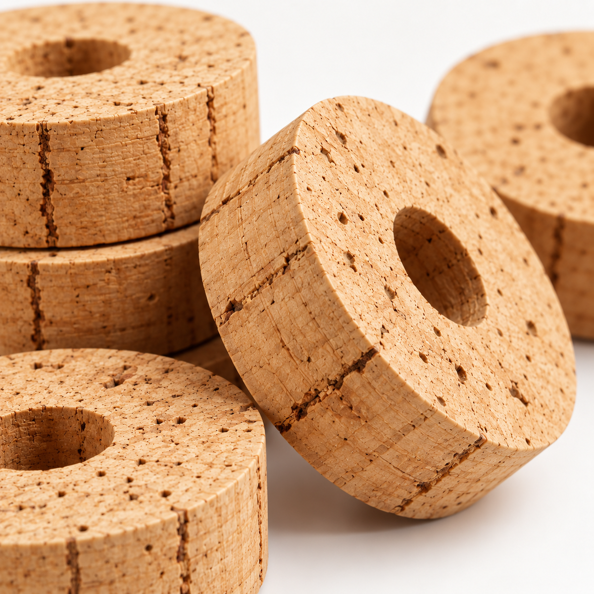 Macro detail of natural cork texture on Ø25.4 mm rod building rings