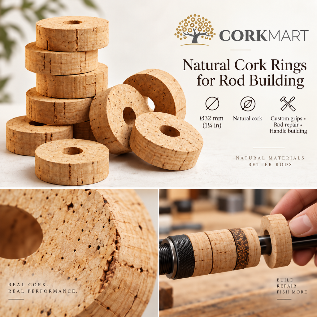 CorkMart redaktionel collage med ringe af naturkork til fremstilling af fiskestænger