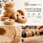 CorkMart redaktionel collage med ringe af naturkork til fremstilling af fiskestænger