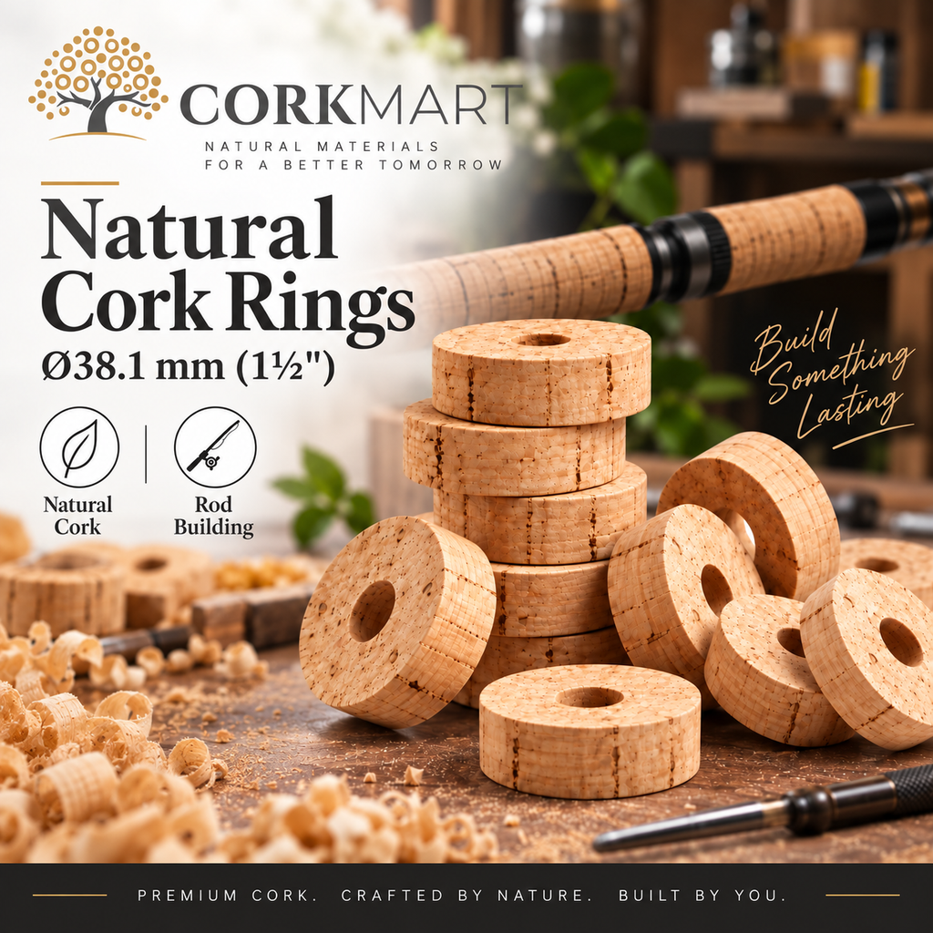CorkMart premium editorial collage for Ø38.1 mm natural cork rings for rod building