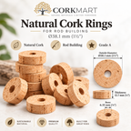 CorkMart infographic for Ø38.1 mm natural cork rings with thickness and bore dimensions