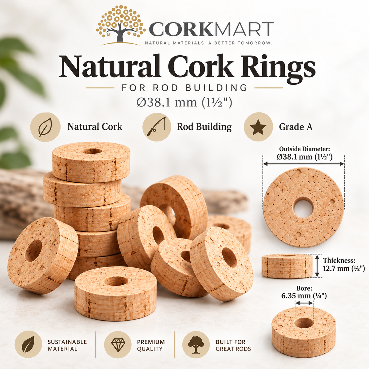 CorkMart infographic for Ø38.1 mm natural cork rings with thickness and bore dimensions