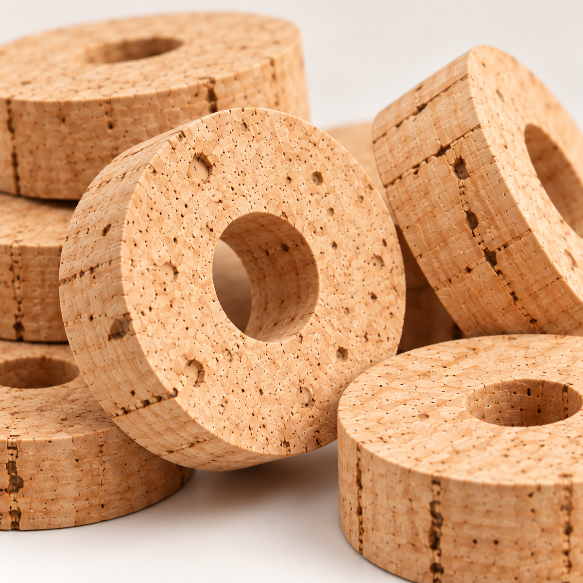Macro detail of natural cork texture on Ø38.1 mm rod building rings