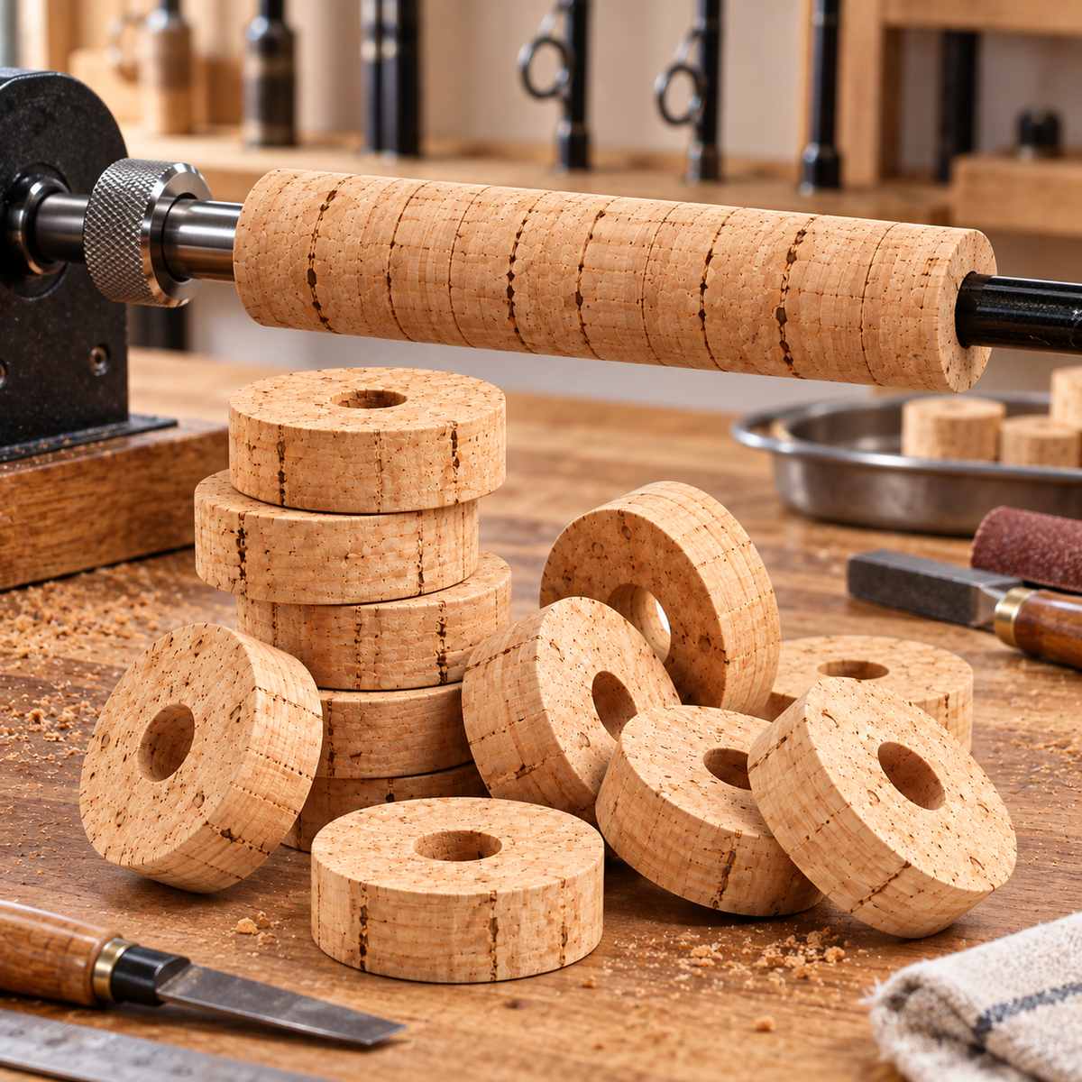 Natural cork rings in a rod building workshop, Ø38.1 mm