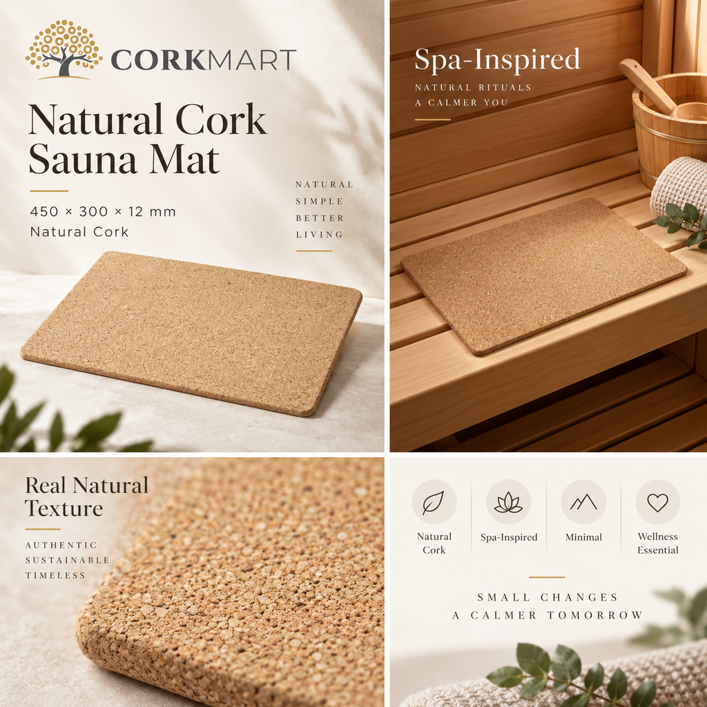 Natural Cork Sauna Mat editorial collage