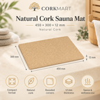 Natural Cork Sauna Mat infographic with dimensions and features