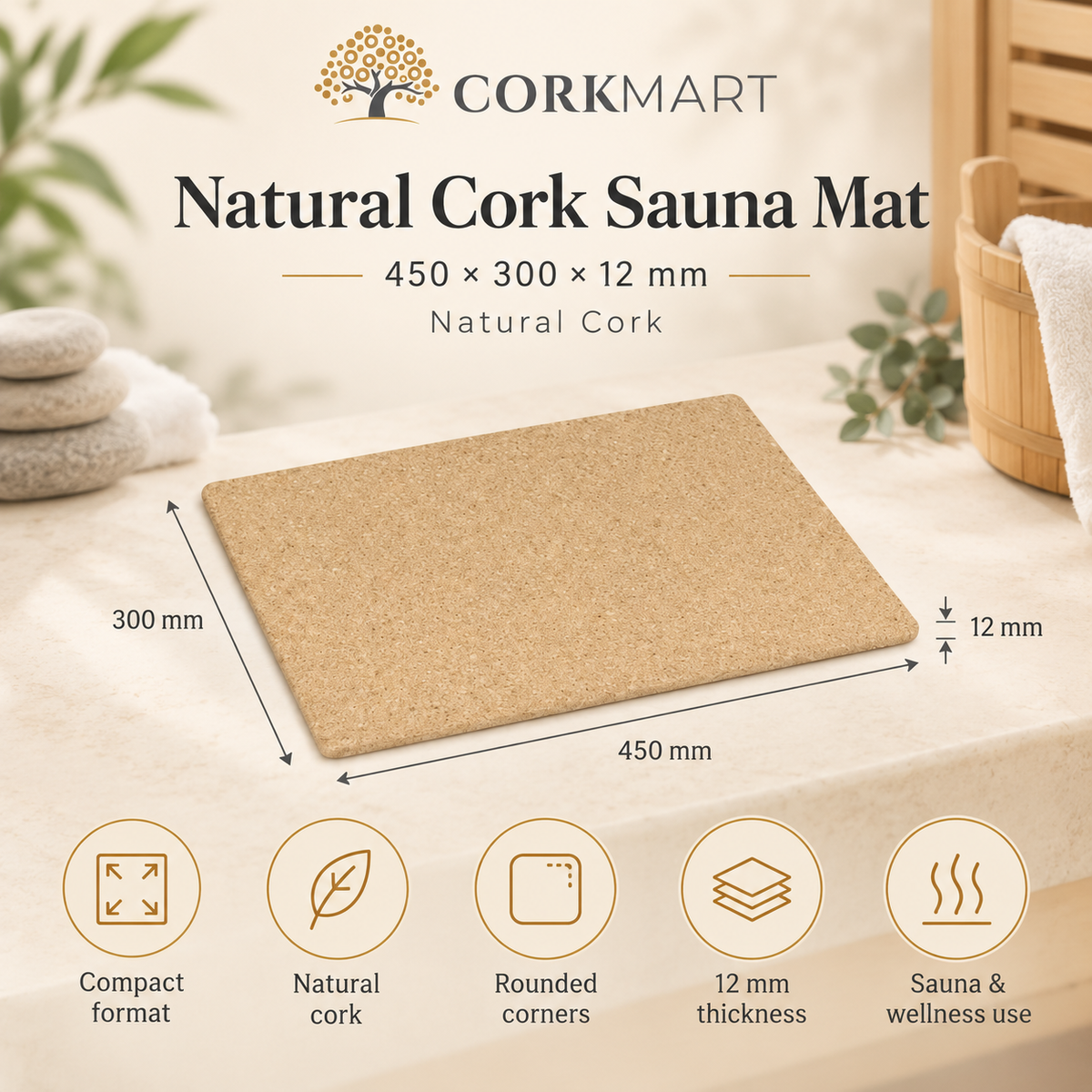 Natural Cork Sauna Mat infographic with dimensions and features