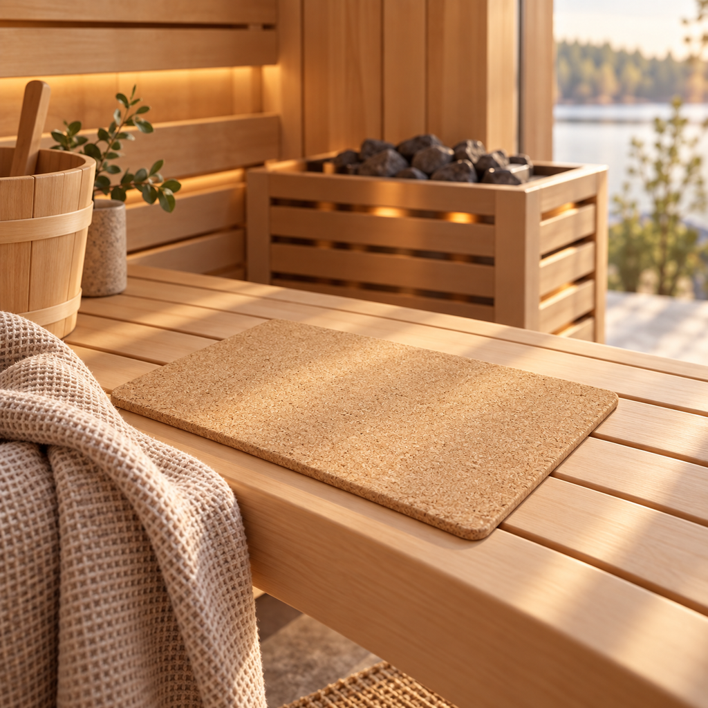 Natural Cork Sauna Mat in a premium spa-inspired sauna